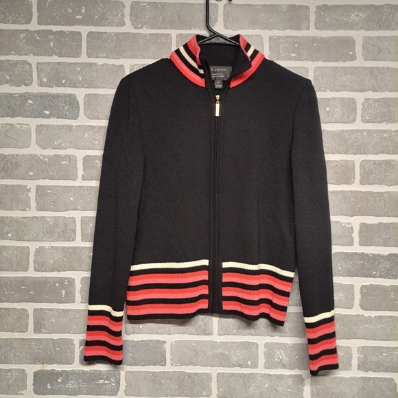 St.Johns Bay Sweaters - ST.John Womens‎ Full Zip Sweater Black Pink Striped Mock Neck Knit Size P